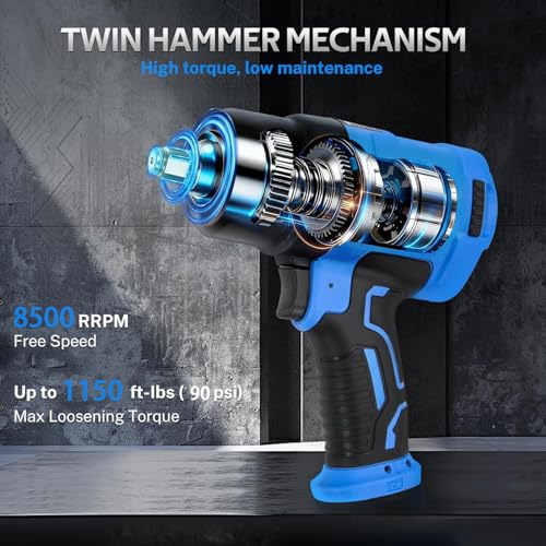 1/2 Air Impact Wrench, 1150 Ft-Lbs 8500 RPM High Torque Impact Gun, Pneumatic Impact Wrench with Double Hammer Mechanism, Lightweight 3-Speed Adjustable Air Impact Gun, with Accessories