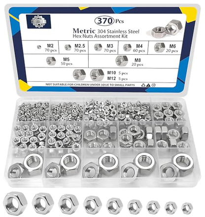 ZQZ 370 Pcs Metric Hex Nuts Assortment Kit Stainless Steel (M2-M12) Nut Set - size: Metric Hex Nuts Assortment;370 PCS