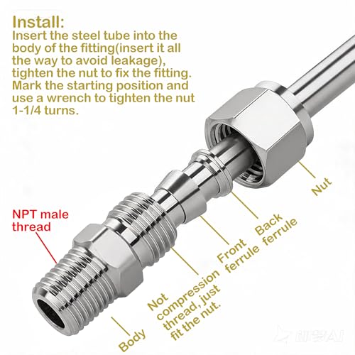304 Stainless Steel Compression Adapter 3/8" Tube OD x 1/8" NPT Male 2pc - size: 3/8" OD x 1/8" NPT