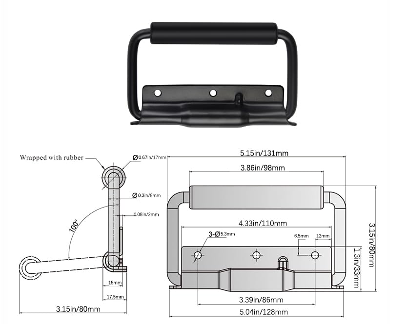 SYINE 5.15 Inch 8.3 oz Large Heavy Duty Folding Handle,3 Mounting Holes,Spring Loaded with Rubber Grip for Toolbox Cabinet,1 Pack,Black - color: Black
