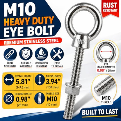2-Pack 3/8" x 4" Heavy Duty Stainless Steel Eye Bolts with Nuts & Washers - Lifting Eye Screw