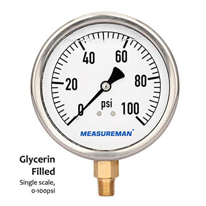 MEASUREMAN 4" Dial Size, Glycerin Filled Plumbing Pressure Gauge, 0-100psi, Stainless Steel Case, 1/4" NPT Lower Mount - size: 0-100psi