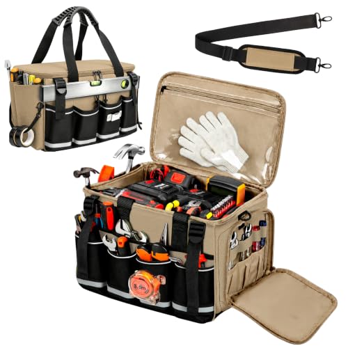 14-Inch Heavy Duty Tool Bag, 17 Pocket Tool Box Organizer - color: Khaki