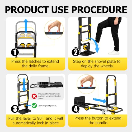 3 in 1 Folding Hand Truck, 600lbs Capacity Dolly Cart Industrial Convertible Heavy Duty with Retractable Handle and 4 Rubber Wheels, Collapsible Cart for Moving Home, Office, Warehouse - color: Black-600