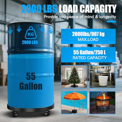 Heavy Duty 55 Gallon Drum Dolly – 2000LB Capacity, Anti Rollover Design with 4 Swivel Casters & 2 Brakes, Double Fork Style for Warehouse/Industrial Use (Black) - size: 24.5x 24.5x 4.5 inches