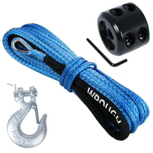 1/4" Synthetic Winch Rope 50 ft 10,000 lb UHMWPE Winch Cable Replacement Kit with Steel Hook, Rubber Stopper, Protective Sleeve, Compatible with ATV UTV Truck Winches, Blue - color: Blue, size: 1/4 In x 50 Ft with Hook