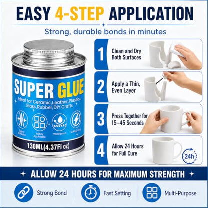 Super Glue with Brush 130ml, All Purpose Clear Strong Adhesive Waterproof Instant Glue Gel for Wood Ceramic Glass Leather Plastic Rubber Metal DIY Crafts Industrial Repairs