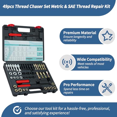 49pcs Thread Chaser Set Metric & SAE Thread Repair Kit with 22 Taps 24 Dies 3 Thread Files UNC UNF & Metric Thread Restorer Tool