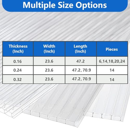 DGSL Polycarbonate Greenhouse Panels, 6 Pcs 4'x 2'x 0.16'' Twin-Wall Sheets - size: 4'H x 2'W x 0.16''T