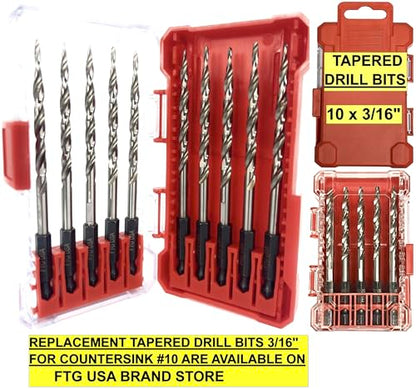 FTG USA 6 Pc #10 (3/16") Countersink Drill Bit Set with Tapered Drill Bits - size: #10, style: Same Sort 6 Pc