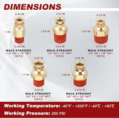 50PCS Male Straight Brass Union Kit, 1/4"-3/8" Tube x NPT, 5 Sizes - size: 1/4"+3/8"OD × NPT Thread - 50pcs