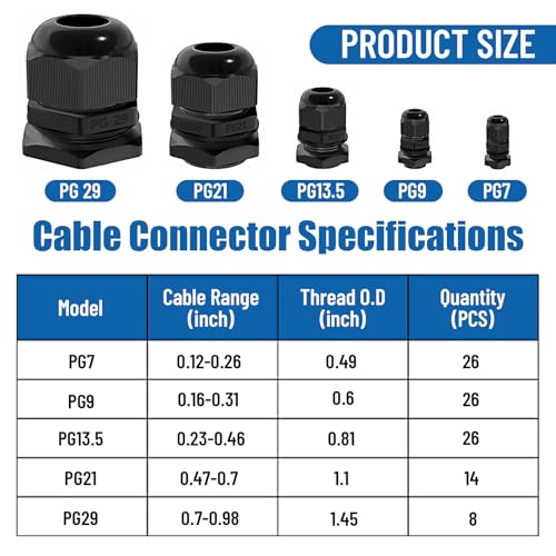 Cable Glands 100 pcs Cable Gland Waterproof joints, Adjustable Black 3-25mm Waterproof Cable Connectors PG7 PG9 PG11 PG13.5 PG21 PG29 Plastic 4 cable glands and Gaskets in PP Box