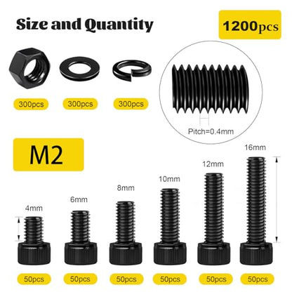 1200pcs M2 Hex Socket Head Screws Assortment Kit,M2x4/6/8/10/12/16 mm - size: M2 1200pcs