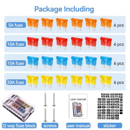 12 Circuits Fuse Block Panel - with Negative Bus Fuse Box Holder Screw, Marine Fuse Block DC 12-24V with LED Indicator Waterproof Cover for Car Marine Boat RV Truck, 24 Fuses Included - size: 12 Way