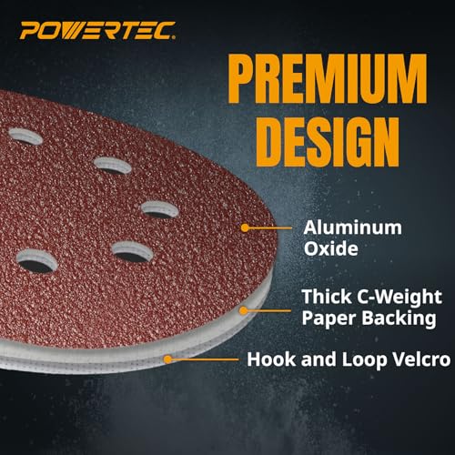 POWERTEC 150PK, 320 Grits, Sanding Discs 5 Inch - Hook and Loop, 5 Inch 8 Hole Aluminum Oxide Sandpaper Discs, Woodworking Sanding Pads for Random Orbital, Palm, Air, DA & Pneumatic Sander (45032-P6) - style: 320 Grit, 150PK