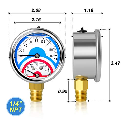 MEANLIN MEASURE 2PCS 0-160Psi Stainless Steel Thermal Pressure Gauge 30-250℉ 1/4" NPT 2.5" FACE DIAL Liquid Filled Pressure Gauge, with 1/2" NPT and 3/8" NPT Hex Bushing, Lower Mount - size: Lower Mount, style: Liquid Filled/2PCS