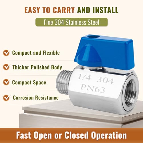 2 Pack 1/4" Mini Ball Valve, 304 Stainless Steel Valve NPT Female x Male Thread Shut-Off Valves for Small Compact Space (2, 1/4 Inch) - size: 1/4 Inch