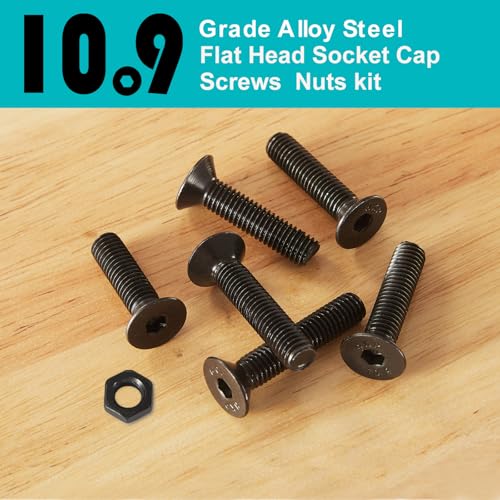 30PCS M8 x 50mm 60mm 70mm 80mm, Flat Head Hex Socket Cap Screws Countersunk Bolts Nuts Kit, 10.9 Grade Alloy Steel, Black Oxide Finish, Metric Allen Drive, Fully Threaded - size: M8x50/60/70/80mm