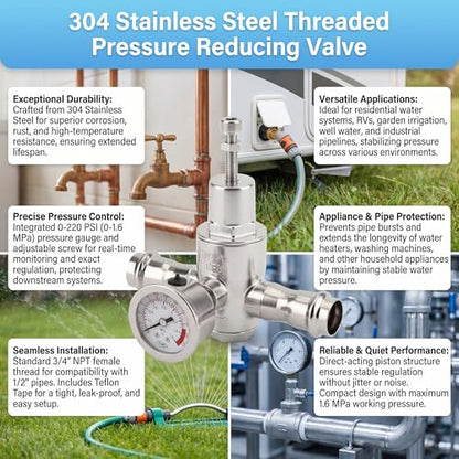 MEANLIN MEASURE 3/4" Press Fit Water Pressure Reducing Valve, DN20, 304 Stainless Steel Adjustable Pressure Regulator with 0-220 PSI Gauge, for Plumbing, Industrial Water Pipe System - size: 0.75 Inch