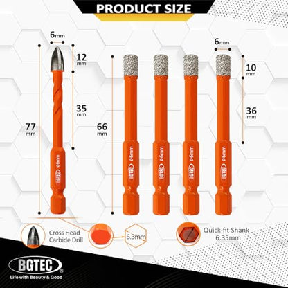 BGTEC Dry Diamond Drill Bit Set 5PCS 1/4" Tile Hole Saw & Carbide Bits - size: Set 1