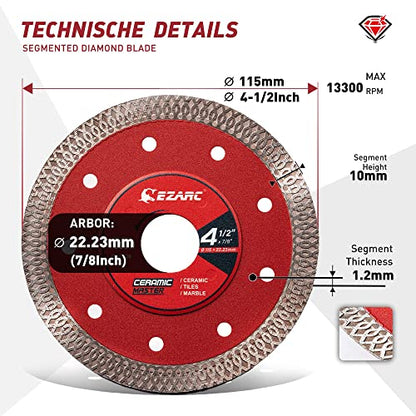 EZARC 4-1/2" Super Thin Diamond Tile Blade, 7/8"-20mm-5/8 Arbor, 2-Pack - size: 4.5 Inch
