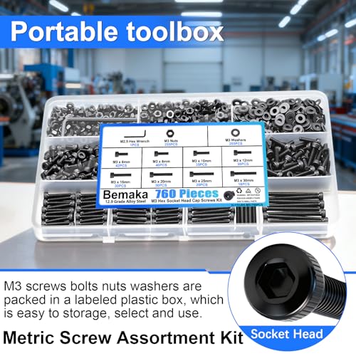 1015PCS M3 Screws Kit, M3x6/8/10/12/16/20/25/30mm Hex Socket Head Cap Screws Bolts Nuts Washers Kit, 12.9 Grade Alloy Steel Metric Machine Screw for 3D Printing - color: BK-M3 x 6-30mm