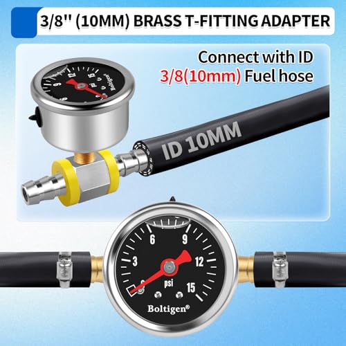 Boltigen Fuel Pressure Gauge, 1/8'' NPT Inline Fuel Pressure Guage Kit with 3/8'' Barb, Stainless Steel, 0-15Psi Glycerin Filled, Center Back Mount (Black) - color: Black