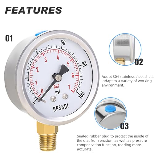 0-100 Psi Low Pressure Gauge, 2.5" Dial Size, 1/4" NPT Lower Mount, 304 Stainless Steel Case, Water Pressure Gauge Test for Water Pump, Pneumatic Air, RV Hose(with Tape) - size: 0-100 psi, style: Lower Mount