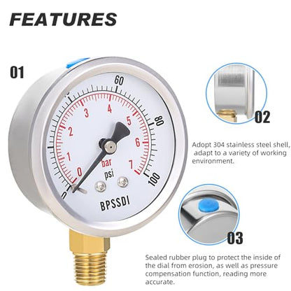 0-100 Psi Low Pressure Gauge, 2.5" Dial Size, 1/4" NPT Lower Mount, 304 Stainless Steel Case, Water Pressure Gauge Test for Water Pump, Pneumatic Air, RV Hose(with Tape) - size: 0-100 psi, style: Lower Mount