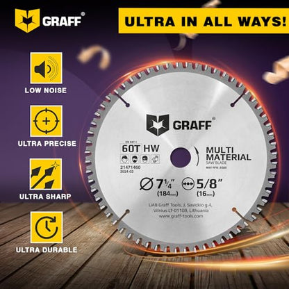 7-1/4" Circular Saw Blade - Chop Saw Blade for Metal, Wood Plywood Aluminum Drywall & Plastic 60T TCT Blade for Circular Table Miter & Cordless Saws 5/8 Inch Arbor No Heat No Sparks Burr Free GRAFF - size: Ø 7 ¼ Inch - 60T Multi, style: Multi Cutting Blad