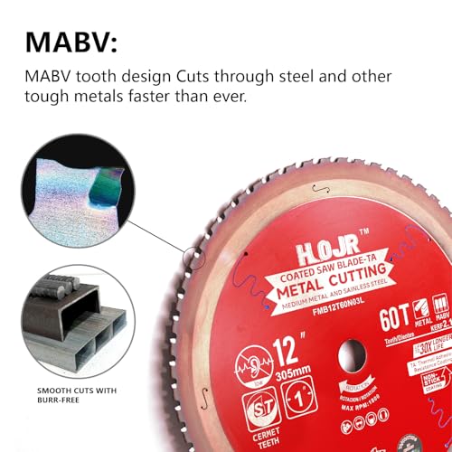 Metal Cutting Circular Saw Blade, Steel and Stainless Steel Cutting, The Cutting Head uses a Special Anti-Heat Sticking Coating with high Finish and Long Life, FMB 12 Inch 60-Tooth 1" TA - size: 12" 60T
