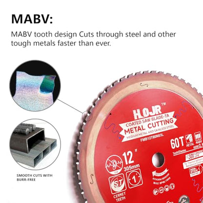 Metal Cutting Circular Saw Blade, Steel and Stainless Steel Cutting, The Cutting Head uses a Special Anti-Heat Sticking Coating with high Finish and Long Life, FMB 12 Inch 60-Tooth 1" TA - size: 12" 60T