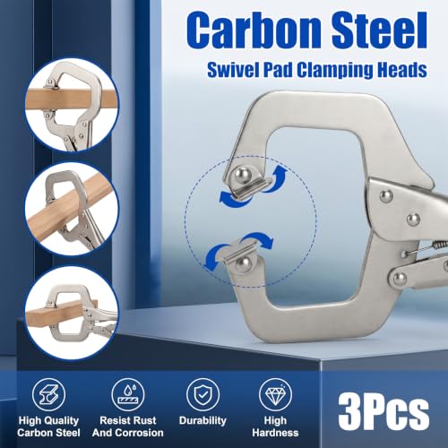 3 Pcs Locking C Clamp Set, C-Clamp Locking Pliers, 6 Inch, 9 Inch, 11 Inch, Heavy Duty Vise Grip with Swivel Pads Metal Tools Welding Clamps for Woodworking, Home, Metalworking, Auto Repair