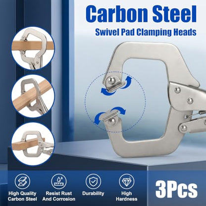 3 Pcs Locking C Clamp Set, C-Clamp Locking Pliers, 6 Inch, 9 Inch, 11 Inch, Heavy Duty Vise Grip with Swivel Pads Metal Tools Welding Clamps for Woodworking, Home, Metalworking, Auto Repair