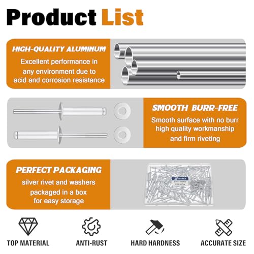 130pcs 3/16" x 1" Silver Aluminum Pop Rivets with Stainless Steel Washers 4.8 x 25mm Blind Rivet Assortment Kit - size: 3/16*1