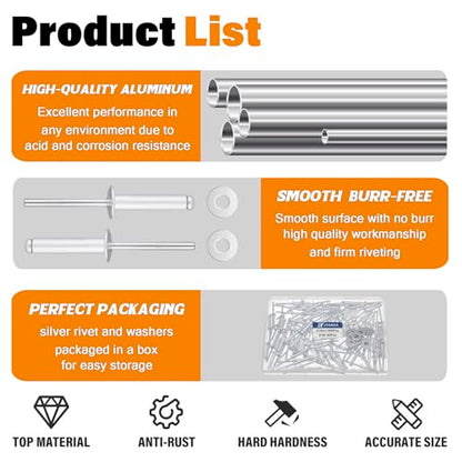 130pcs 3/16" x 1" Silver Aluminum Pop Rivets with Stainless Steel Washers 4.8 x 25mm Blind Rivet Assortment Kit - size: 3/16*1