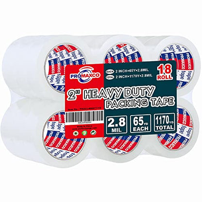 Heavy Duty Packing Tape 18 Rolls, Total 1170Y, Clear, 2.8 mil, 1.88 inch x 65 Yards, Ultra Strong, Refill for Packaging and Shipping - size: 18-PACK
