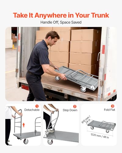 VEVOR 2 in 1Platform Truck, 2650 LBS Heavy Duty Flatbed Cart Dolly with Detachable Rear Guardrail and Swivel Wheels, Foldable Hand Push Truck Cart for Groceries, Garage, Warehouse (48"×24") - size: 48.0 x 24.0 x 36.2 in/1220 x 610 x 920 mm