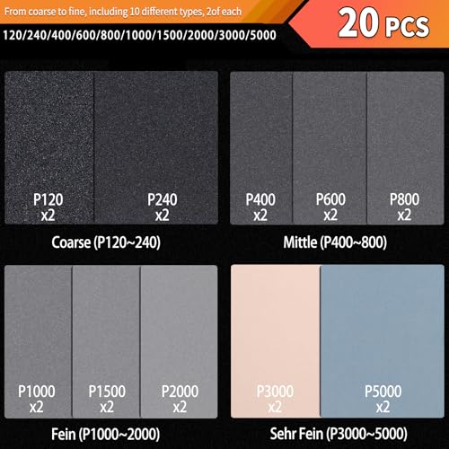 Wet Dry Sandpaper Assortment 20Pcs Waterproof Sand Paper Sheets 9x11 Inch Assorted Grit 120 240 400 600 800 1000 1500 2000 3000 5000 Sanding Paper for Wood Metal Automotive Polishing - style: 9 x 11 inches