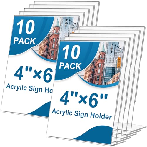 10 Pack Acrylic Sign Holder 4 x 6, L-Shape Clear Plastic Display Stand for Tabletop, Acrylic Stands for Flyers, Table Paper Holder, Vertical Sign Holder 4x6 for Restaurants, Office and School (Slant 10 Pack 4x6) - size: Slant 10 Pack 4x6