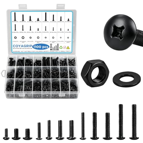 1100PCS Nuts and Bolts Assortment Kit, M3 M4 M5 M6 Phillips Head Machine Screws Assorted Set with Storage Case, Metric Bolts Nuts and Flat Washers Kit, Black - color: Black, size: 1100PCS-M3 M4 M5 M6