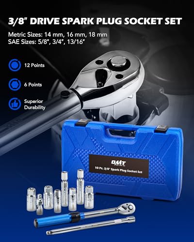 OMT 10pc 3/8" Drive Spark Plug Socket Set With 72-Tooth Torque Wrench - size: 10pc Pro Set