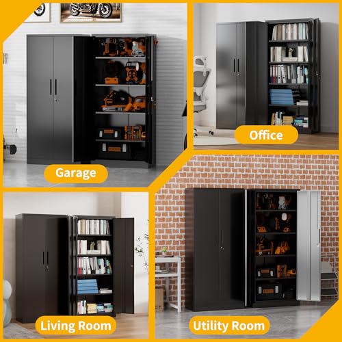 Metal Storage Cabinet with 2 Doors and 4 Adjustable Shelves, 71" Garage Storage Cabinet with Anti-Tipping Design, Lockable Garage Cabinets for Office, Home, Garage, Gym, School - size: 70.87"H x 15.75"D x 31.5"W