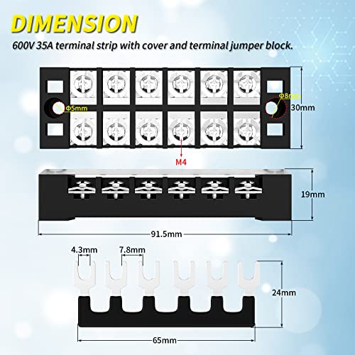 Joinfworld 35A Terminal Block 6 Position Screw Terminal Strip Dual Row with Cover & 6 Position Pre-Insulated Terminal Jumper Block - 2 Pack - style: 35A 6P