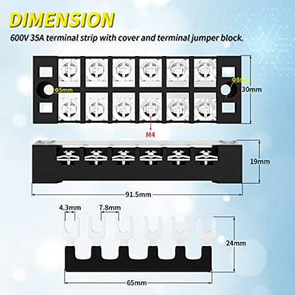 Joinfworld 35A Terminal Block 6 Position Screw Terminal Strip Dual Row with Cover & 6 Position Pre-Insulated Terminal Jumper Block - 2 Pack - style: 35A 6P