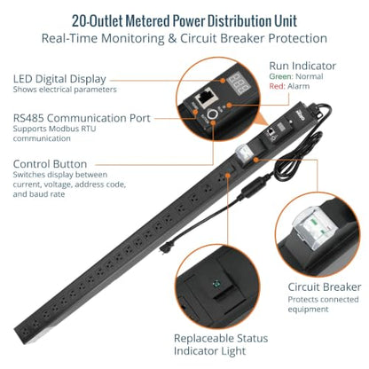 Tecmojo 20A 20-Outlet 0U Metered PDU, 5-15R/5-20R, RS485 Modbus RTU - size: 20 Outlet/5-15R+5-20R