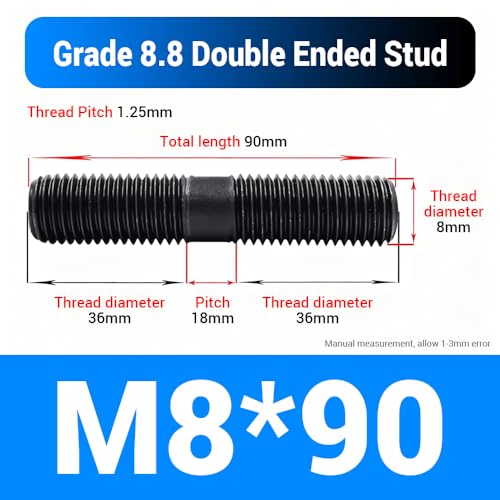 20pcs M8*90mm Double End Threaded Stud, Grade 8.8 Carbon Steel Black Oxide Finish Equal Long Threaded Rod Bar for Furniture Industrial Maintenance Connection Fasteners - size: M8*90-20PCS