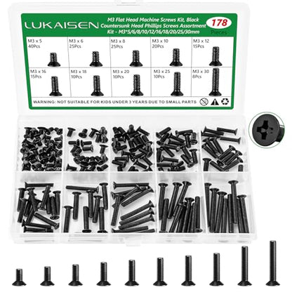 178 Pcs Black M3 Flat Head Machine Screws Kit for Laptop & RC - size: 178Pcs M3*5/6/8/10/12/16/18/20/25/30mm-Flat