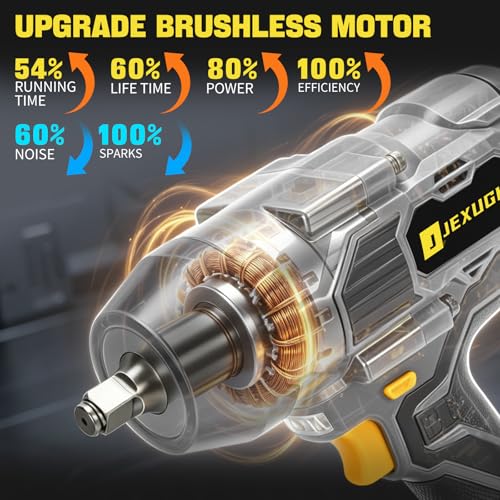 JEXUGK 2200Nm Cordless Impact Wrench, 1/2" Electric Impact Gun with 2 x 6.0Ah Batteries, 21V Brushless High Torque Impact Wrench with 5 Pneumatic Sockets, Impact Driver for Truck Tire Lug Nut Removal
