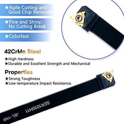 Lathe Turning Holders Threading Tool - Metal Lathe Cutting Tools 1/2" External SER1010H11+3/8" Internal SNR0010K11 Turning Holders with Indexable Carbide Inserts 10pcs Golden for Lathe Tools - color: 2pcs 3/8" boring bars+10pcs inserts